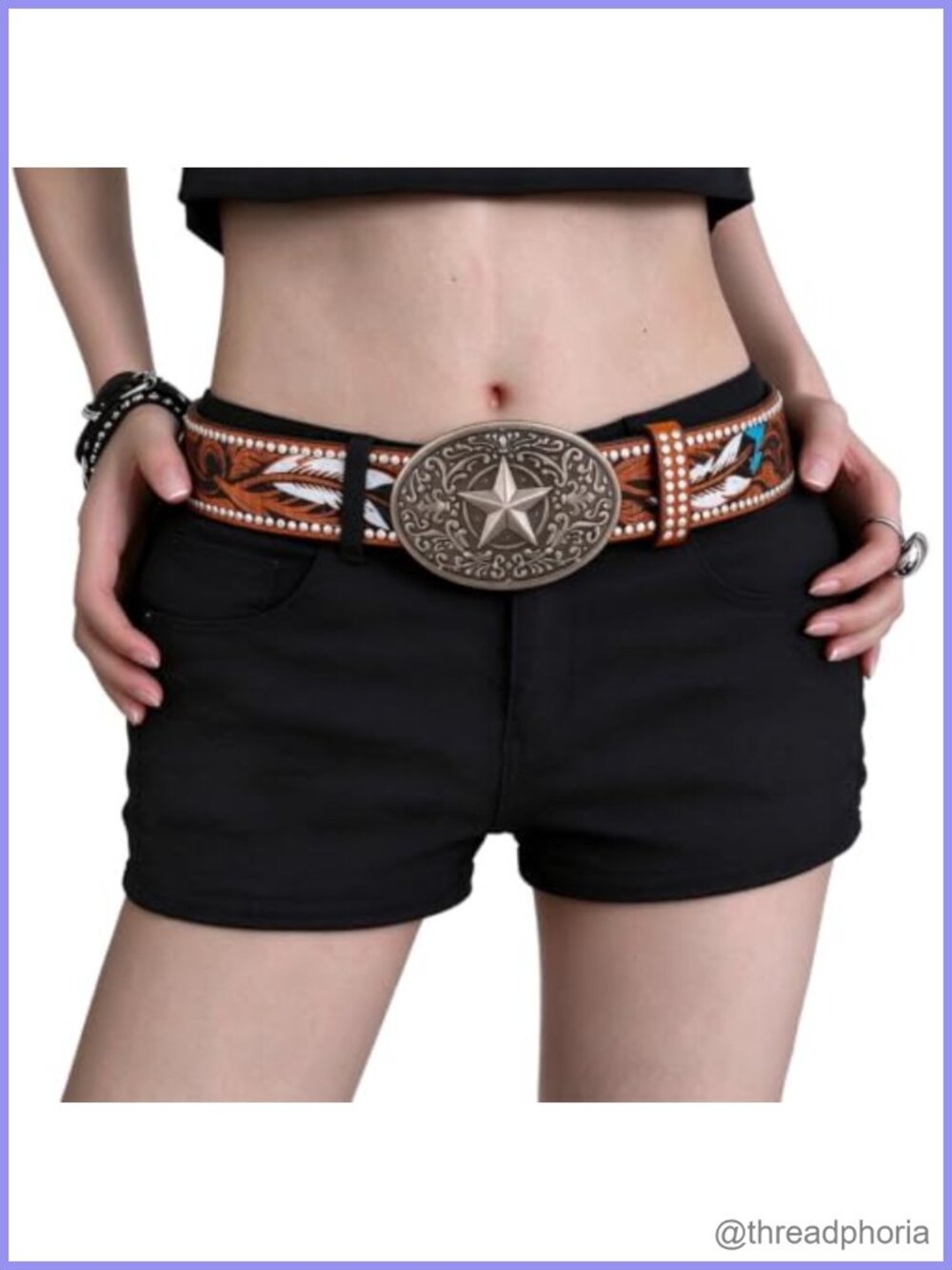 Leather Western Belt Feather Carved Buckle Cowgirl Waist Belt
